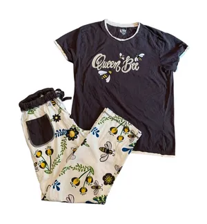 Lazy One Pajama Set Women‎ Size M Gray Queen Bee Graphic Floral Cotton Sleepwear thumbnail 1