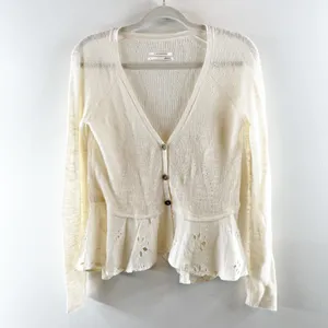 Anthropologie Hollie Eyelet Peplum Button Up Cardigan Sweater White Cream Small thumbnail 2