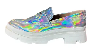 Steve Madden Lawrence Holographic Platform Loafers Chunky Silver Kids 5 Womens 7 thumbnail 1