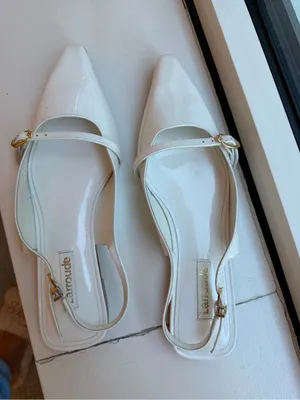Larroude White Patent Pointed Mary Jane Slingback Flats- worn 1/2x thumbnail 4