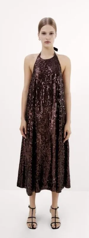 ZARA Chocolate Brown Sequin Halter Maxi Dress‎ Festive Party Sequinned Small thumbnail 1