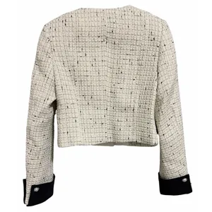 Commense Contrast Cuff Pearl Button Tweed Jacket Apricot Women's Size Small thumbnail 2