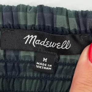 Madewell Hopewell Plaid Puff Sleeve Crop Top Smocked Square Neck Blouse Forest M thumbnail 7