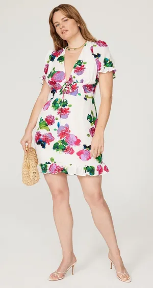 Ashley Park White Floral Print Lace Up Corset Ruffle Hem V-Neck Mini Dress 12 thumbnail 1