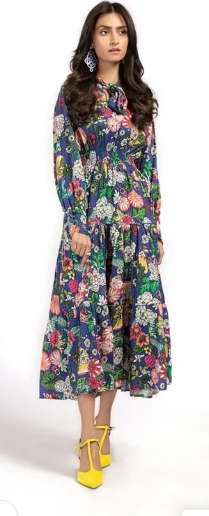 Maria B digital printed floral shirt dress boho smocked waist tiered S NWT thumbnail 1
