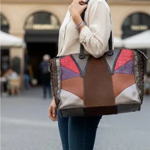 Colorful Patchwork Leather Tote Red thumbnail 2