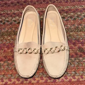 Lauren Blakwell Lizbeth Taupe Cream Loafers Gold Chain Detail thumbnail 1