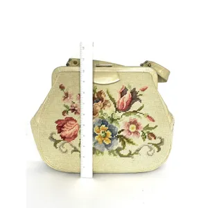 Vintage 50's Needlepoint Floral Purse Handbag Pockets Coin Purse Beige thumbnail 10