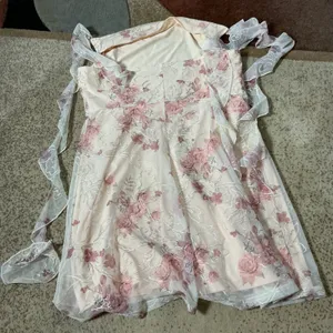 Cider Floral Embroidered Mesh Ruffle Mini Dress Womens L Beige Pink Fairycore thumbnail 4