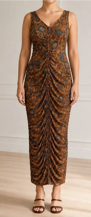 House of Harlow 1960 Maxi Dress XL Brown Paisley Ruched Bodycon Sleeveless thumbnail 1