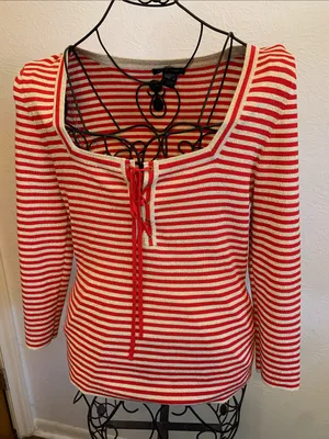 🚨🚨🚨BOGOHO🚨🚨🚨Boston Proper Striped Lace-Up Top - Red & Gold Shimmer-M thumbnail 4