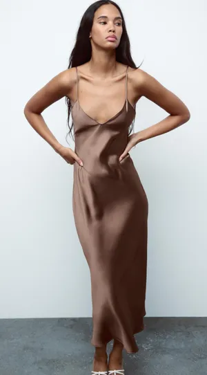 ZARA dress midi maxi satin wedding chocolate brown party cocktail thumbnail 10