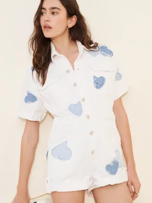 We The Free White Patchwork Denim Shortalls with Light Blue Heart Patch thumbnail 1