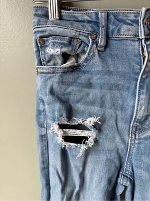 Y2K American Eagle Super High Rise Flare Jeans Distressed Raw Hem thumbnail 5