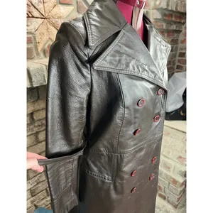 leather trench coat brown double breasted Vintage 1970s sz 7 thumbnail 6