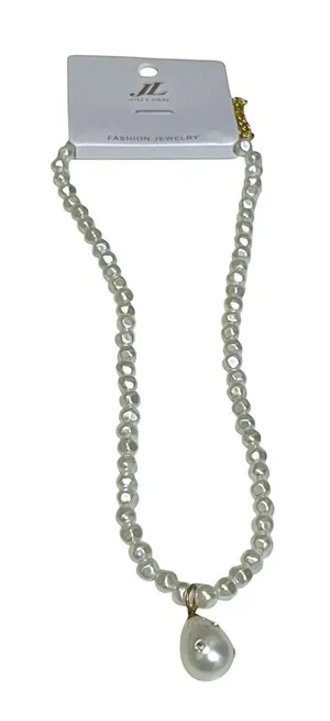 White Pearl Beaded Fashion Necklace with Teardrop Pendant thumbnail 1