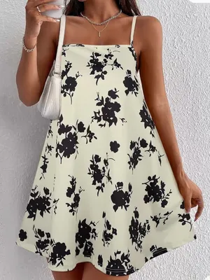 Women’s White Black Floral Slip Mini Dress Spaghetti Straps Square Neck 2XL thumbnail 1