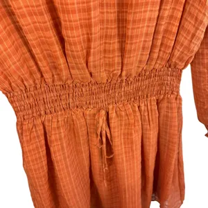 NSR Orange Plaid Long Sleeve Smocked Waist Lined Lightweight Mini Dress‎ Size M thumbnail 3