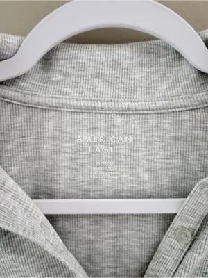 American Eagle Long Sleeve Henley Bodysuit Medium Grey Ribbed thumbnail 2