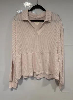 Thread & Supply Blush Pink Waffle Knit Collared Peplum Sweatshirt Size XL thumbnail 1