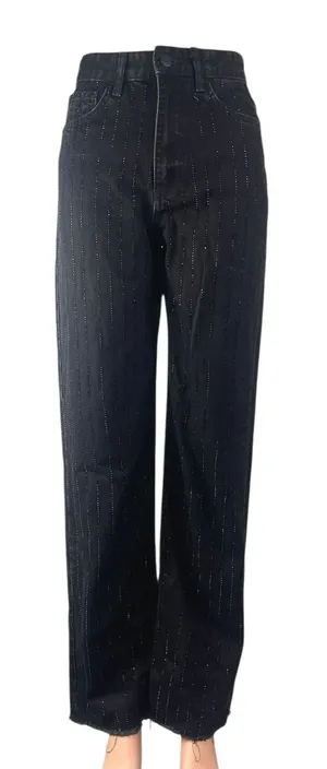 Zara Women's Black Beaded Rhinestone High Waist Wide Leg Denim Mom Jeans Size 2 thumbnail 1