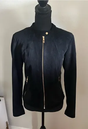 Ivanka Trump Black Faux Suede Moto Jacket With Gold Accents Size S thumbnail 1