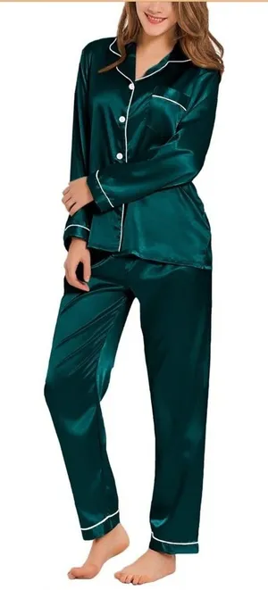 New Women's Silk Satin Pajama Set Button LS Top And Elastic Waist Pants Amazon thumbnail 1