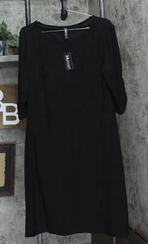 NWT 24Seven Comfort Apparel Womens Shiny Knit Ruched 3/4 Sleeve Dress Black 1X thumbnail 1