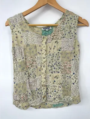 Blue Sky Patchwork Vest Women S Floral Embroidered Boho Cottagecore Artsy thumbnail 1