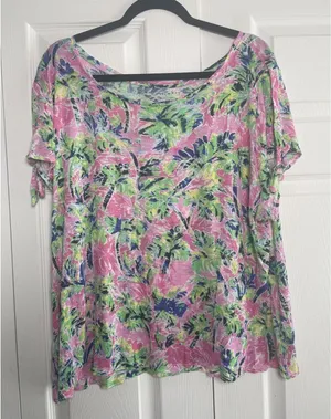 Casey Key Tropical‎ Palm Tree Top Womens 1X Pink Green Rayon Tie Sleeve Resort L thumbnail 1