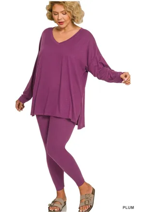 New!Plus Size Plum V-Neck Loungeset Top & Leggings - Size 3X thumbnail 1