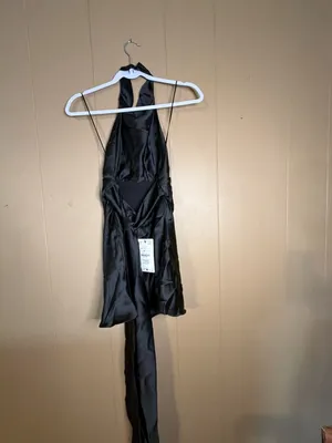 Zara Black Satin Halterneck Mini Dress with Ruched Ruffle Hem thumbnail 2