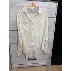 BDG Urban Outfitters Oversized Deconstructed Frayed Button Down Shirt Cream S thumbnail 2