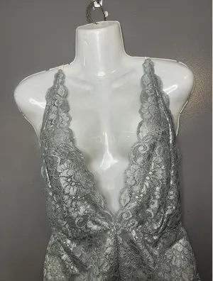 HAH Lace Bodysuit Womens Large Silver Plunge Teddy Sheer Floral Strappy Lingerie thumbnail 1