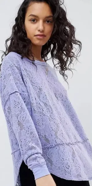 FREE PEOPLE Purple Glacier Not Cold In This Top Lilac Lace Pullover Top Crew thumbnail 1