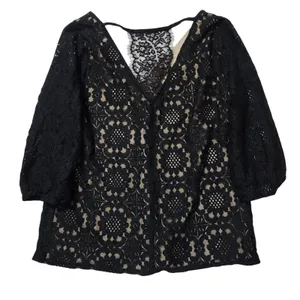 Skies Are Blue Womens Elegent Black Floral Lace Boho Nude Lining V-Neck Blouse L thumbnail 6