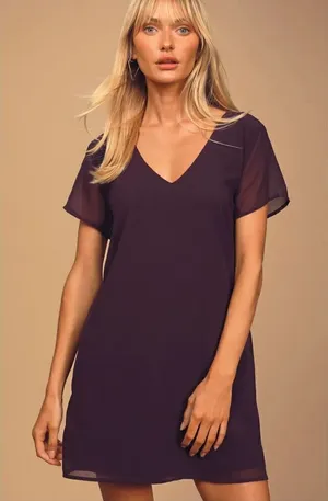Womens Lulus Plum Freestyle Chiffon V-Neck Shift Dress - Sz XS thumbnail 1