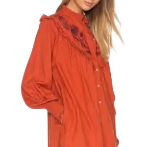 Free‎ People Rose Vines Top Women Small Rust Orange Embroidered Ruffle Smocked thumbnail 3