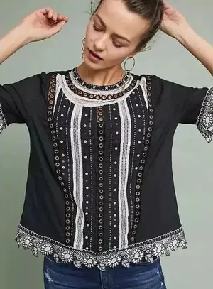 Vanessa Virginia Anthropologie 'Bonnie' Eyelet Top Black White Sheer Size 4 GUC! thumbnail 1