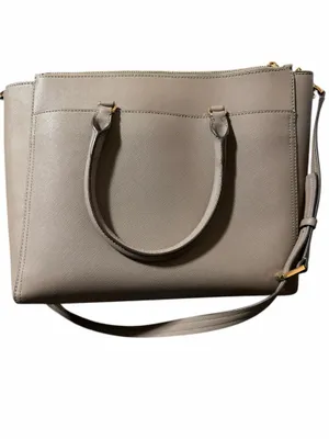 Tory Burch Taupe Gray Structured Tote Bag | Gold Hardware| Large Purse thumbnail 2