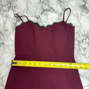 Wayf The Mia Lace Trim Front Slit Gown In Cabernet red burgundy black size XS thumbnail 10