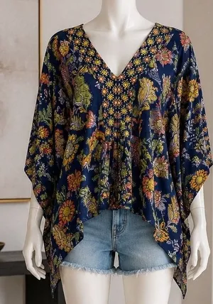 Lola P Womens Blouse Blue Floral Paisley V-Neck Tie Front XL thumbnail 1