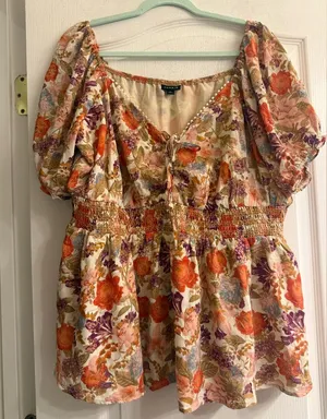 Torrid Harvest Floral Georgette Eyelet Smocked Waist Puff Sleeve Top - size 1 thumbnail 1