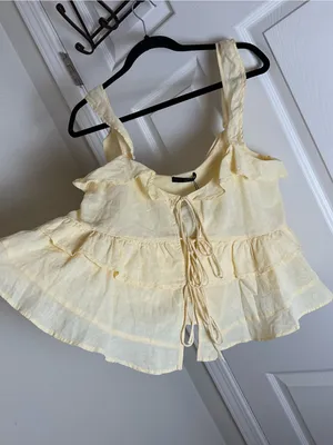 Zara Linen Blend Tiered Ruffle Cami Top Pastel Yellow M NWT Romantic Fairy thumbnail 4