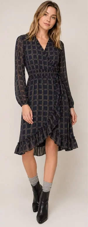 Anthropologie‎ dRA Cicero Wrap Asymmetric Dress Ruffle Plaid Boho Blue - Large thumbnail 1