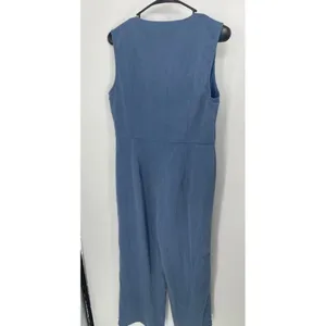 SheIn Vintage Blue Sleeveless‎ Jumpsuit V-Neck Button-Front Casual Chic size L thumbnail 4