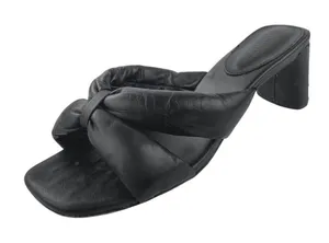 Schutz Fairy Mid Black Leather Square Toe Block Heels Slip On Sandals Size 7.5B thumbnail 1