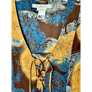 Vintage Y2K Floral Mesh Top Brown Blue Lace Up Bell Sleeve Sheer Blouse Size 7 thumbnail 3