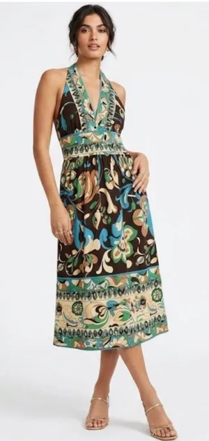 Jones New York Y2K Halter Midi Dress Paisley Floral Silk-Look Cottagecore 10 thumbnail 1