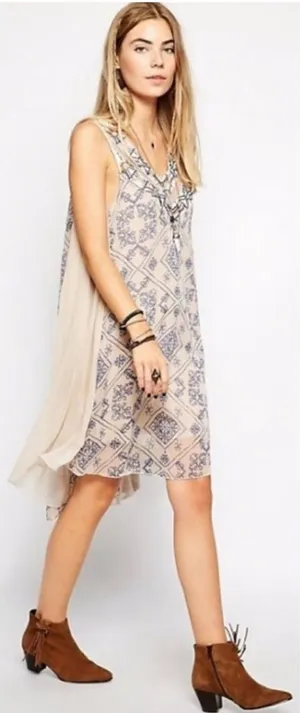 Free People Dress Womens M Beige Beaded Shift Short Sleeveless V-Neck Boho thumbnail 1